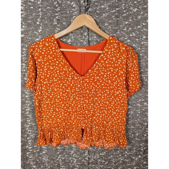 Harper Heritage Orange Floral Ruffled Button Up V-Neck Blouse Women's S - Picture 1 of 7